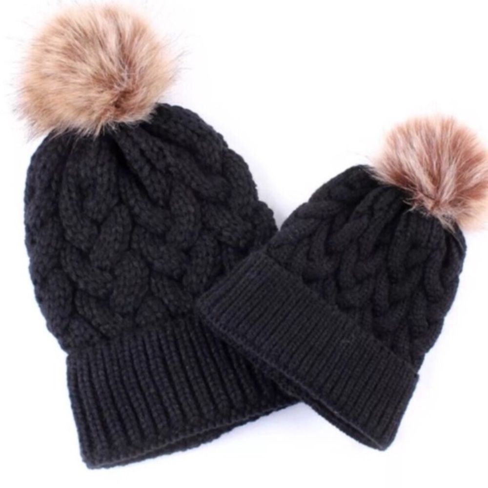Black Cable Knit Beanie with Pom Pom Adult & Child Winter Hat Set